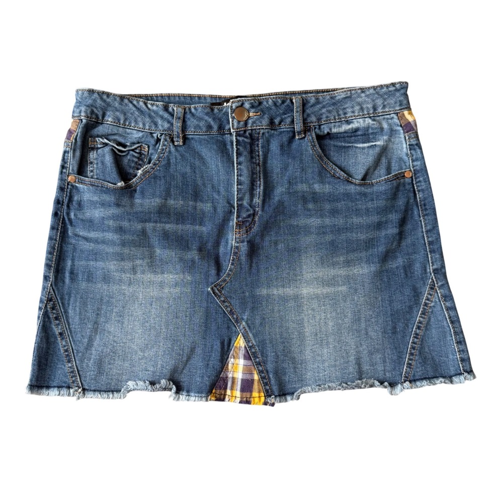 Dollhouse Denim Mini Skirt with Plaid Inserts Frayed Hem Women's Size 15